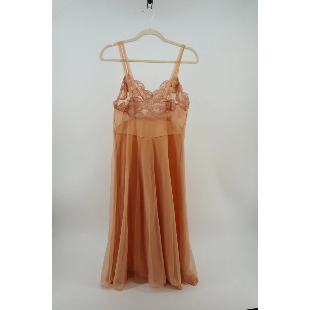 Vintage Style Sheer Lace Bodice Nightgown Coquette Fairycore Peach Apricot OS